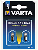 Лампа для фонаря VARTA Halogen 756 5,2В 0,8А BP2 без резьбы галоген
