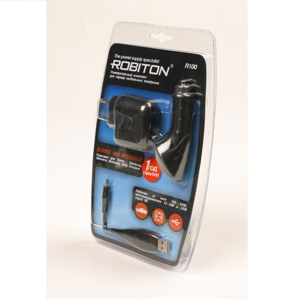 Блок питания Robiton R100 стаб. 5В 7насадок для мобильных телефонов