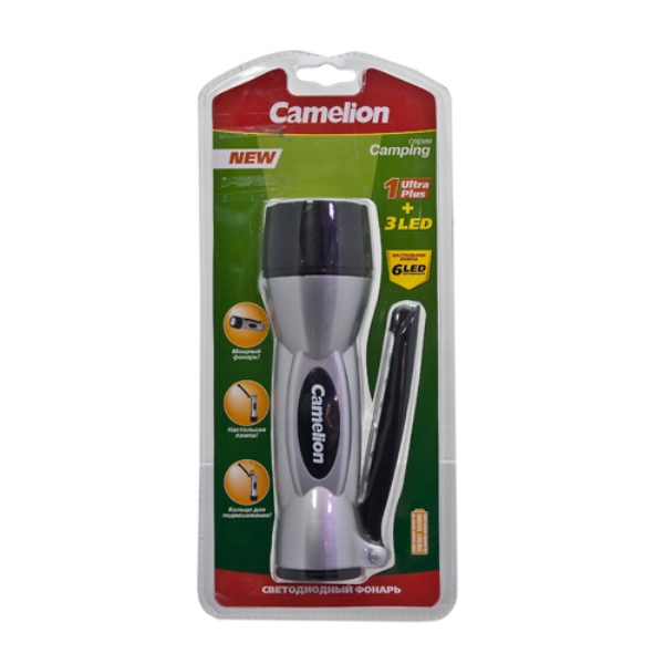 Фонарь Camelion LED5221 пластик, 1+3LED боковая лампа 6LED, 4AA, серебро