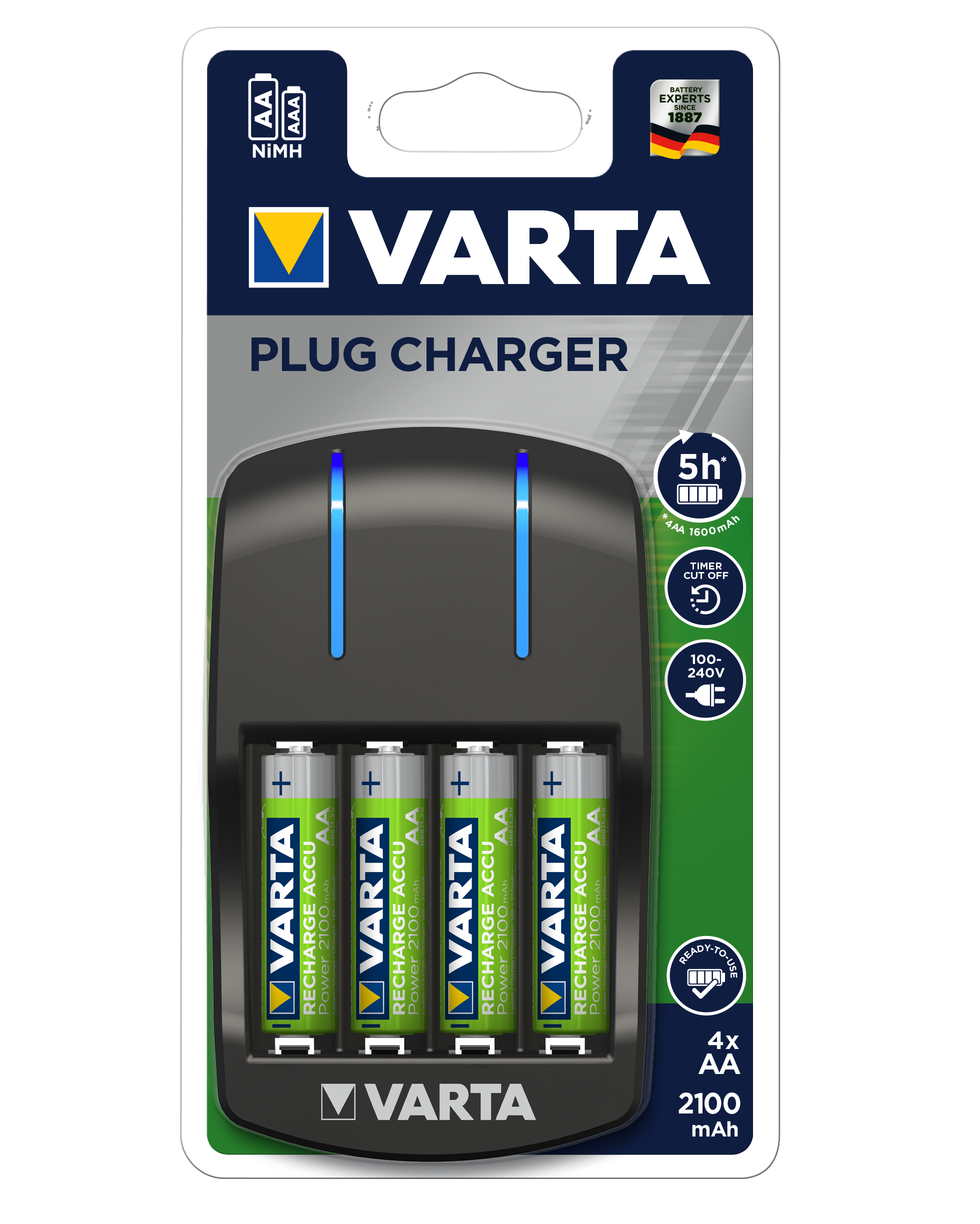 Зарядное ус-во VARTA Plug Charger AAA/AA +4xAA 2100мАч 5 часов timer