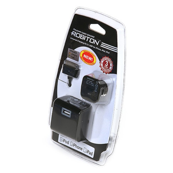 Зарядное ус-во ROBITON сетевое +автом +шнур App03  Universal Charging Kit 2.1A iPhone/iPad 5В 2100мА