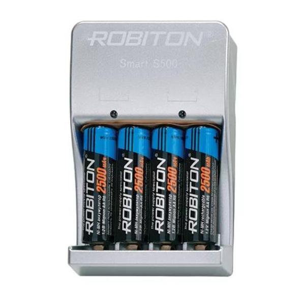 Зарядное ус-во Robiton Smart S500-4MHAA BL1 c аккумуляторами  (2 или 4 Ni-CD и Ni-MH акк-ра  AA/HR6 и AAA/HR03 и 1-2шт. 9В аккумуляторов типа «крона», откл. по ∆V 