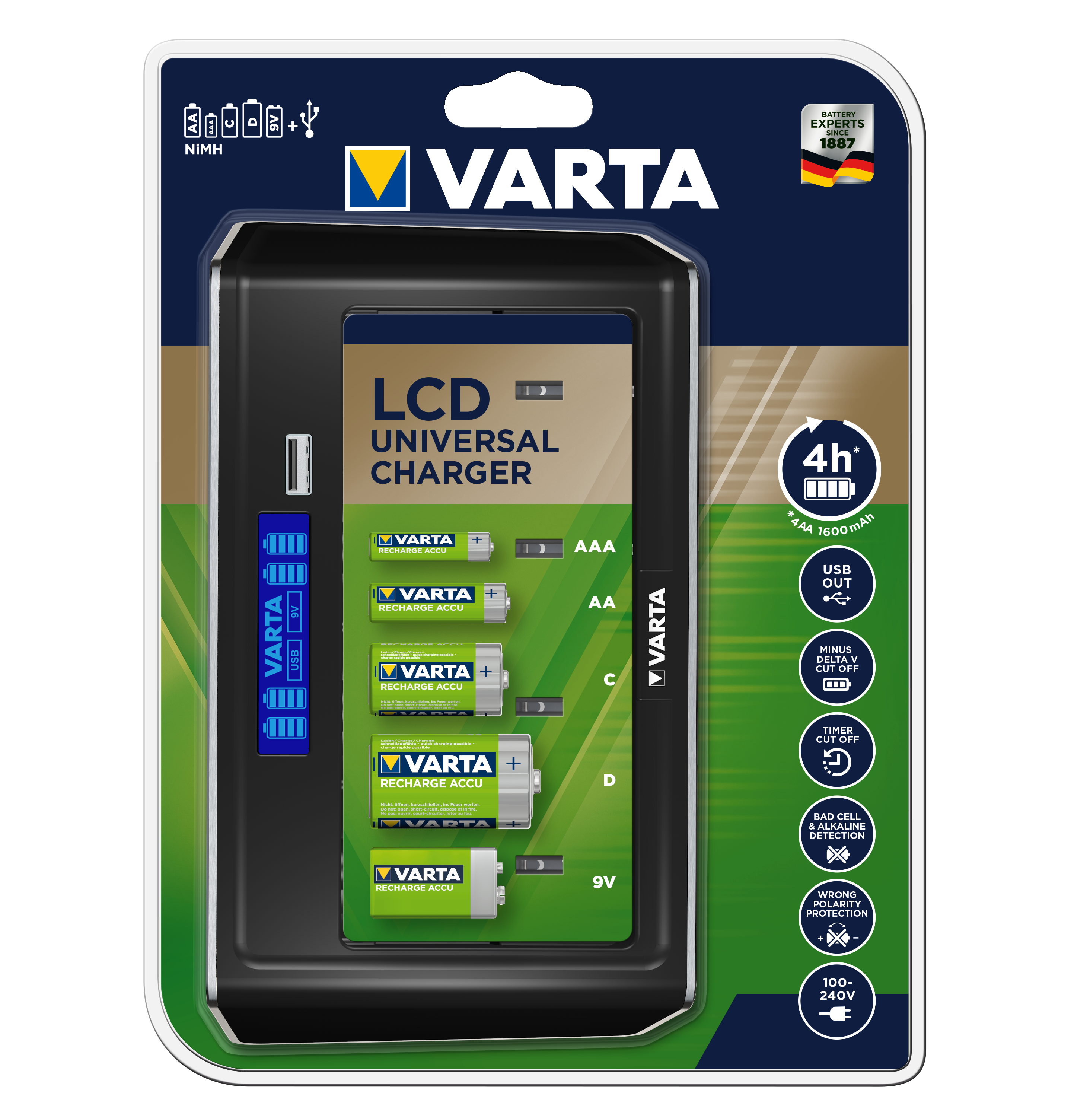 Зарядное ус-во VARTA  LCD Universal Charger для 2/4 акк-ров AAA/AA/C/D, 9V, с USB выходом