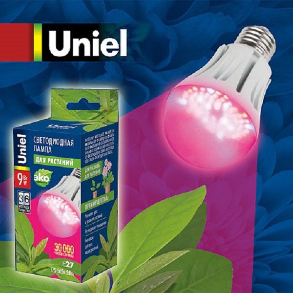 Лампа UNIEL LED-A60-9Вт-SP-E27-CL BIO светодиодная для растений