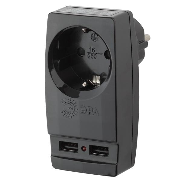 Разветвитель ЭРА SP-1e-USB-B 1гн. 220V + 2xUSB 2100mA, с/з, черный (26333)
