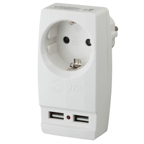 Разветвитель ЭРА SP-1e-USB-W 1гн. 220V + 2xUSB 2100mA, с/з, белый (26332)
