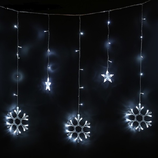 Гирлянда-бахрома LED Снежинки 6шт + Звёздочки 6шт тёплый белый 3х0,95м прозр провод
