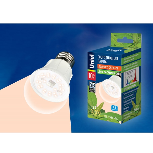 Лампа UNIEL LED-A60-10Вт-SPFR-E27-CL BIO светодиодная для растений