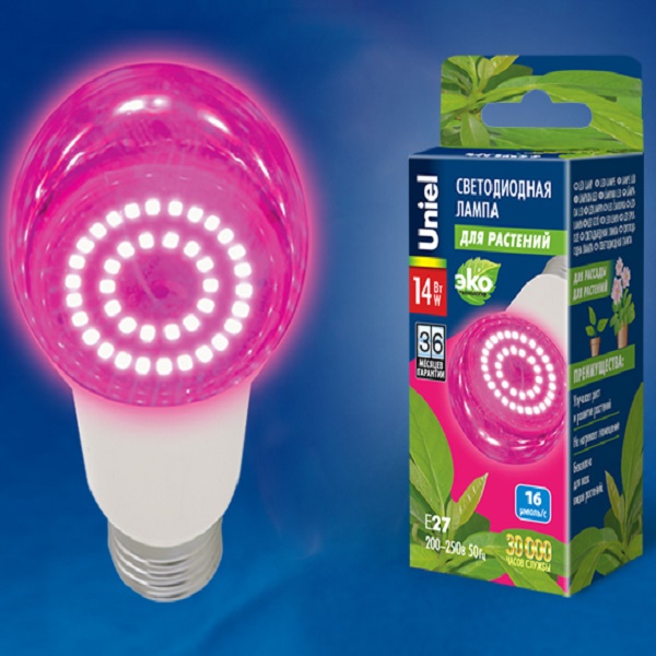 Лампа UNIEL LED-A60-14Вт-SPSB-E27-CL BIO светодиодная для растений 