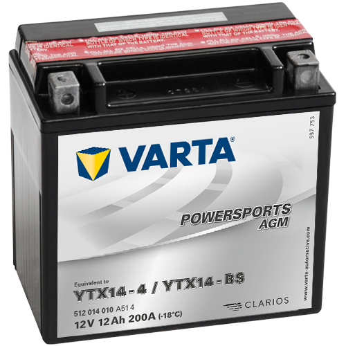 Мото аккумулятор VARTA 12В 12Ач POWERSPORTS AGM 512 014 010 Specs (127476) (YTX14-BS)