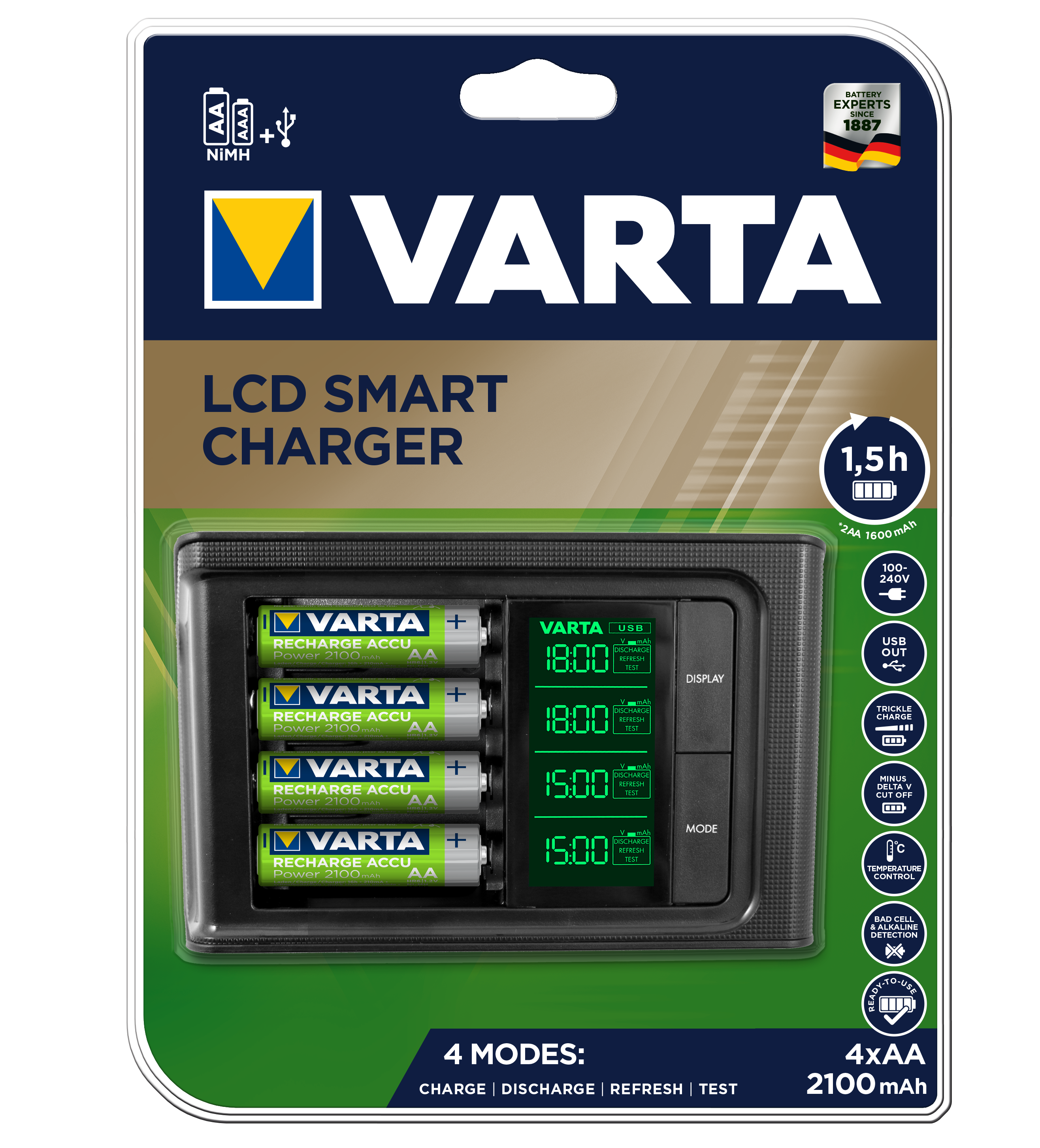 Зарядное ус-во VARTA LCD Smart Charger 1-4 ААА/АА + 4х2100Ah
