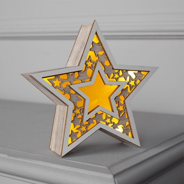 Фигурка Звезда деревянная 16х16х5см 5LED 2хAАA свечение тёп/белое
