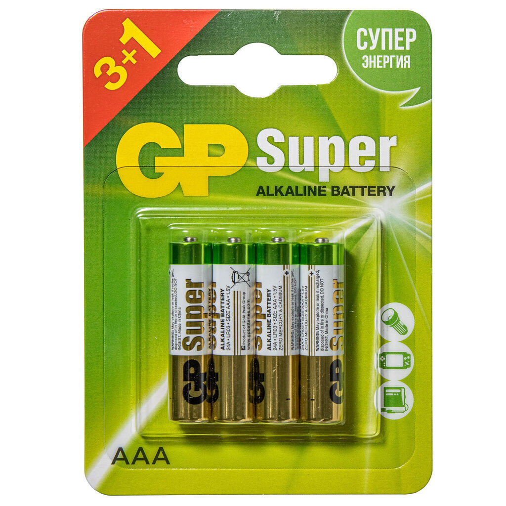 Батарейка GP Super Alkaline LR03 24A3/1-2CR4 BL3+1 (4/40/320)