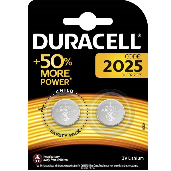 Батарейка DURACELL CR2025 3В BP2 (Б0037272) (2/20/200)